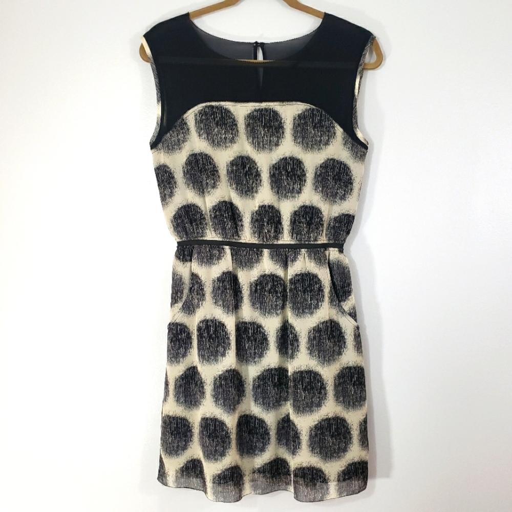 BROADWAY & BROOME silk black beige geometric abstract polka dot sleeveless dress